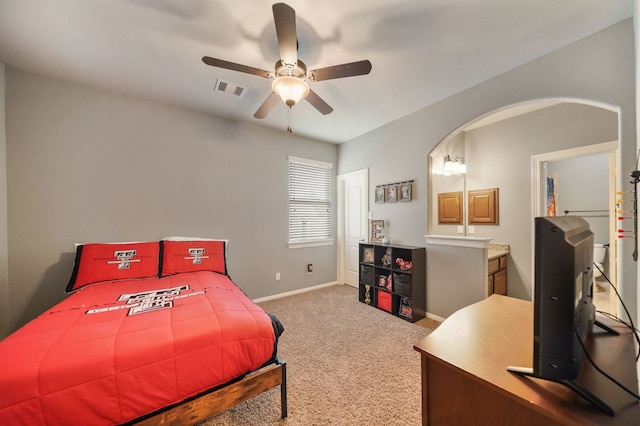 carpeted bedroom with ceiling fan