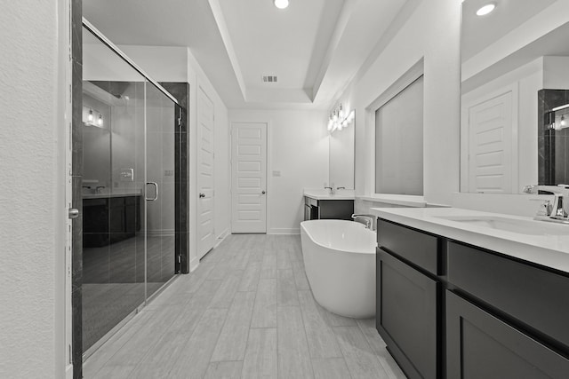 bathroom with vanity, a tray ceiling, and separate shower and tub