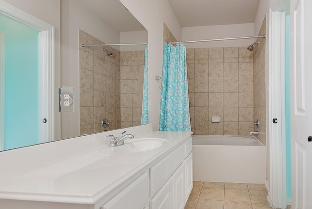 bathroom with shower / tub combo, vanity, and tile patterned floors