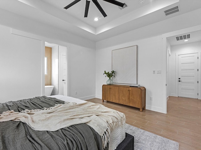 bedroom with connected bathroom and ceiling fan