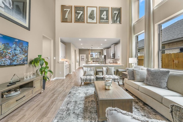 living room featuring a towering ceiling and light hardwood / wood-style floors