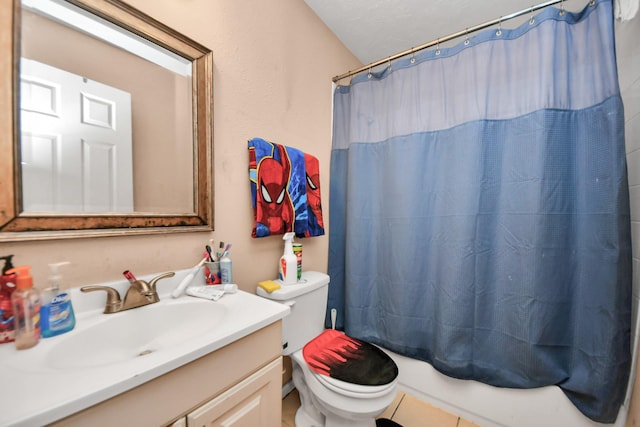 full bathroom with toilet, vanity, tile patterned flooring, shower / bath combination with curtain, and a textured ceiling