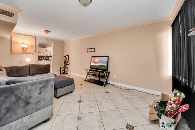 living room with light tile patterned floors and ornamental molding