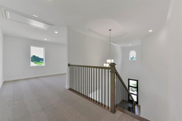 13115 Brookwood Bend Ln, Conroe, TX 77302 - hall with recessed lighting, carpet, attic access, an upstairs landing, and baseboards