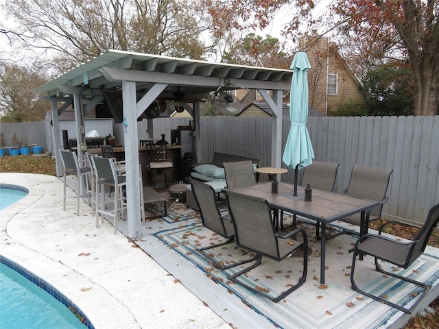 view of patio / terrace with a fenced in pool and exterior bar