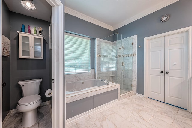 bathroom with toilet, separate shower and tub, and crown molding