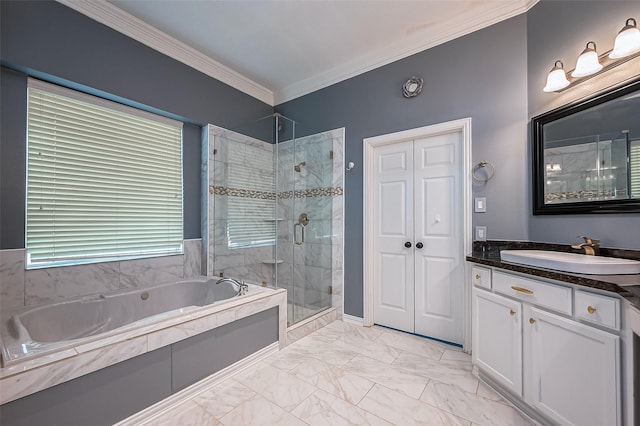 bathroom featuring vanity, ornamental molding, and shower with separate bathtub