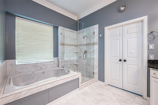 bathroom with vanity, ornamental molding, and independent shower and bath