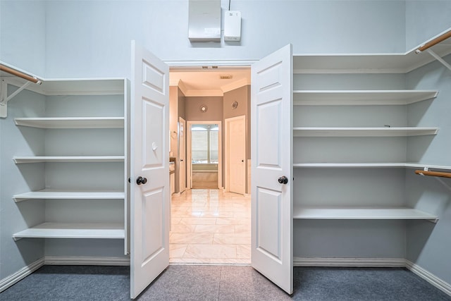 walk in closet featuring carpet flooring