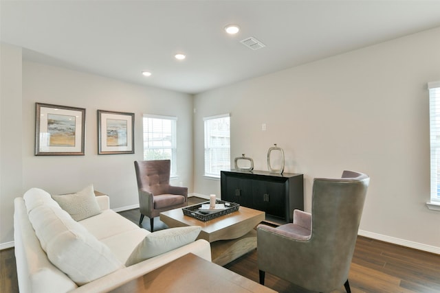 living room featuring dark wood-type flooring and a wealth of natural light