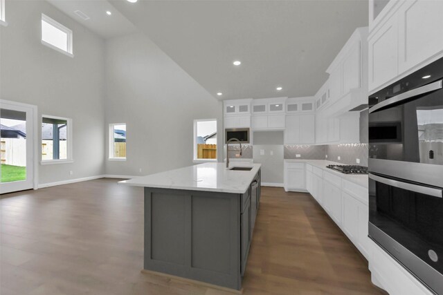 16163 Sheridan River Trl, Conroe, TX 77302 - kitchen featuring appliances with stainless steel finishes, a sink, dark wood-style flooring, a towering ceiling, and white cabinets