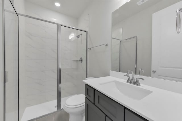 16163 Sheridan River Trl, Conroe, TX 77302 - full bath with toilet, a stall shower, vanity, and recessed lighting