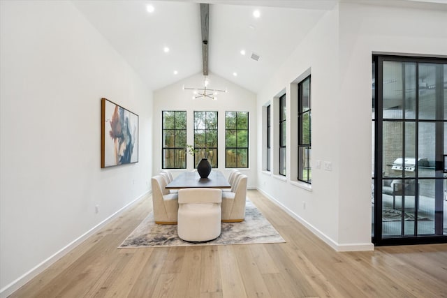 dining space with a chandelier, light hardwood / wood-style floors, high vaulted ceiling, and beamed ceiling