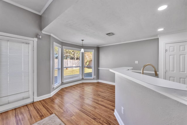 interior space with hardwood / wood-style flooring, ornamental molding, sink, and a textured ceiling