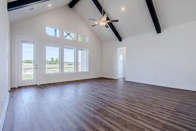 unfurnished living room featuring high vaulted ceiling, beam ceiling, ceiling fan, and dark hardwood / wood-style flooring