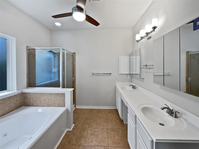 bathroom with tile patterned flooring, shower with separate bathtub, vanity, and ceiling fan