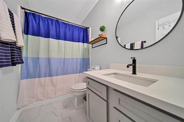 bathroom featuring toilet, vanity, and a shower with curtain