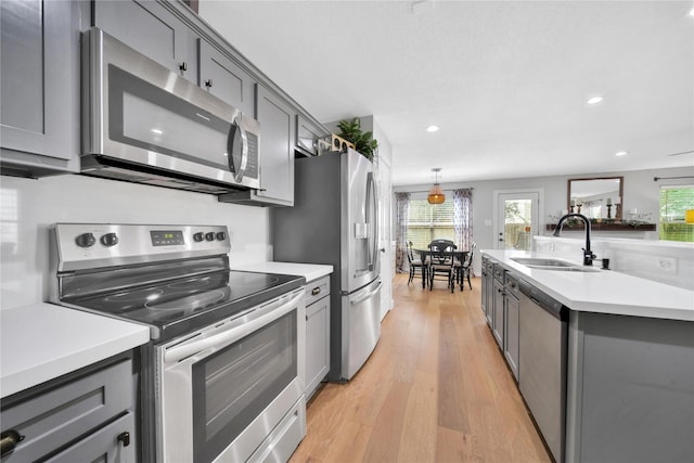 kitchen with light wood-type flooring, gray cabinets, appliances with stainless steel finishes, and sink