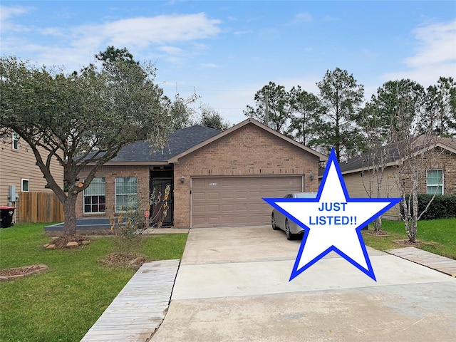 ranch-style house with a front yard and a garage