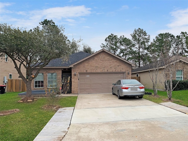 ranch-style house with a front yard and a garage