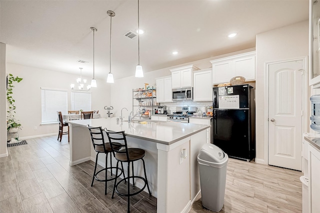 kitchen featuring a center island with sink, appliances with stainless steel finishes, white cabinetry, and sink