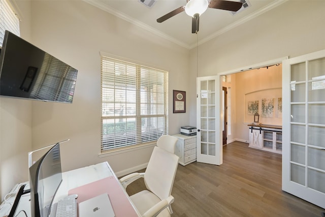 home office with ceiling fan, french doors, ornamental molding, and hardwood / wood-style flooring