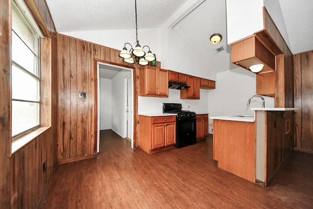 kitchen featuring decorative light fixtures, an inviting chandelier, sink, black range with gas cooktop, and vaulted ceiling