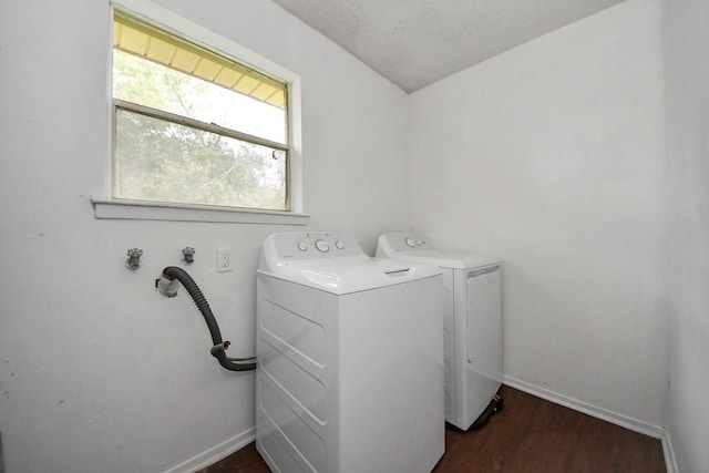 laundry area featuring dark hardwood / wood-style flooring and washer and clothes dryer