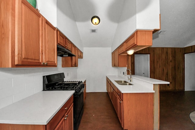 kitchen with lofted ceiling, tasteful backsplash, sink, black gas stove, and kitchen peninsula