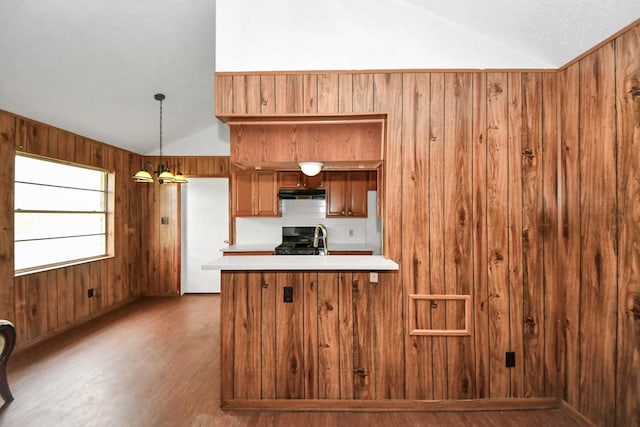 kitchen featuring vaulted ceiling, range, wood walls, and pendant lighting