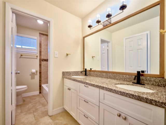 full bathroom with toilet, shower / bath combination, tile patterned floors, and vanity