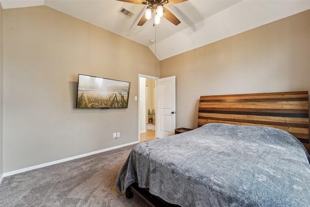 bedroom featuring ceiling fan, lofted ceiling, and carpet flooring