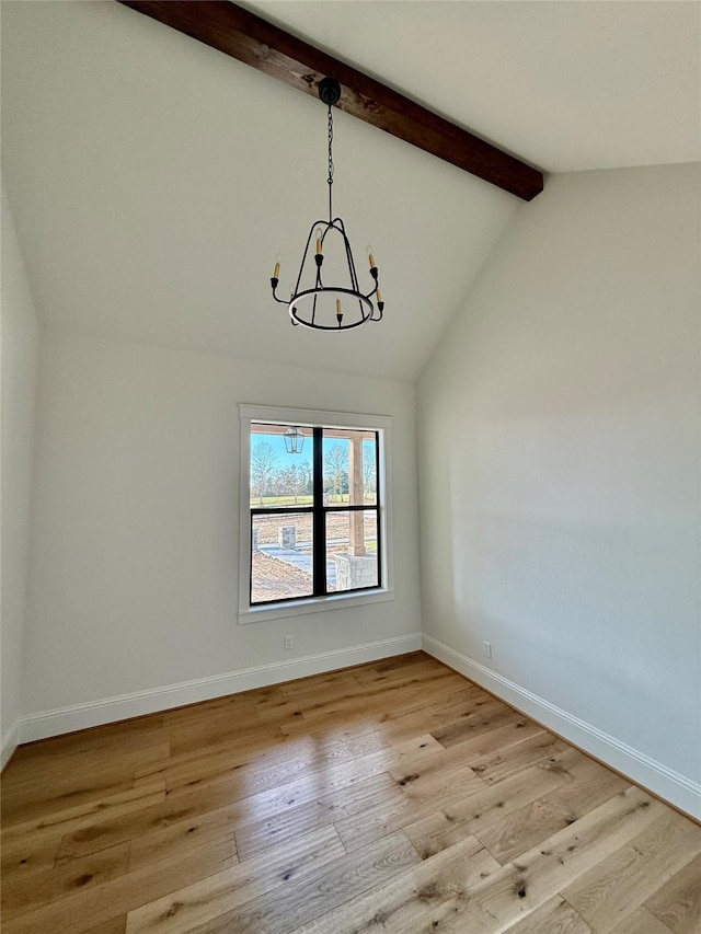 unfurnished dining area with lofted ceiling with beams, an inviting chandelier, and light hardwood / wood-style floors