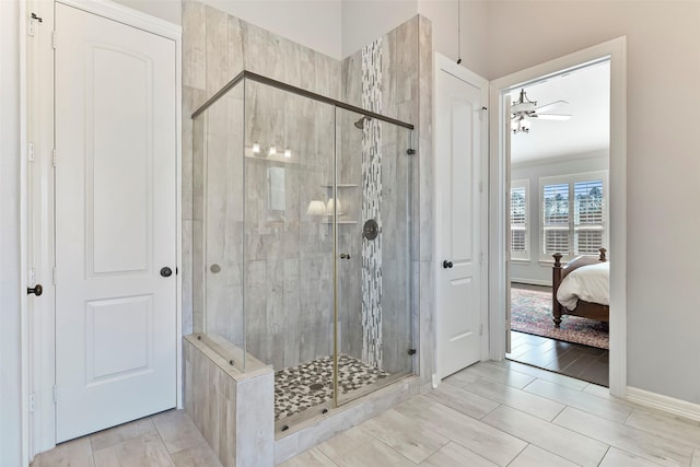 bathroom with walk in shower and tile patterned floors