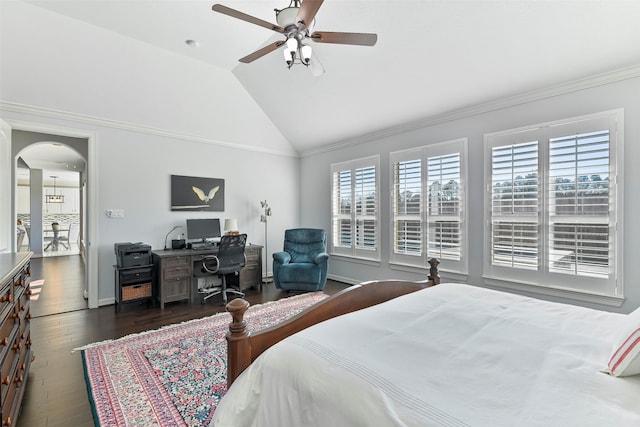 bedroom with lofted ceiling, dark hardwood / wood-style floors, and ceiling fan