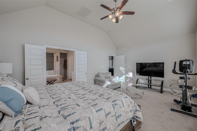 carpeted bedroom featuring ceiling fan and high vaulted ceiling