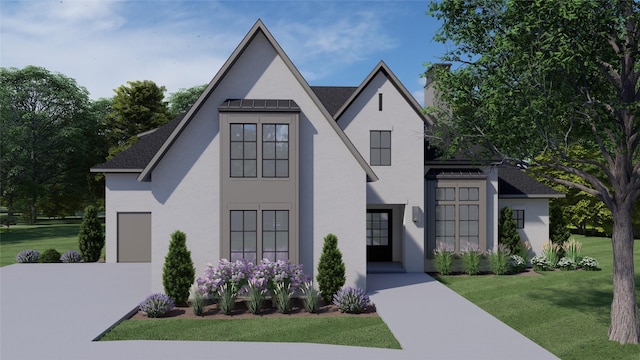208 Echo Ave, Friendswood, TX 77546 - view of front of property with a front lawn, stucco siding, a chimney, concrete driveway, and roof with shingles