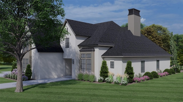 208 Echo Ave, Friendswood, TX 77546 - view of front of house featuring stucco siding, a chimney, a front lawn, and roof with shingles