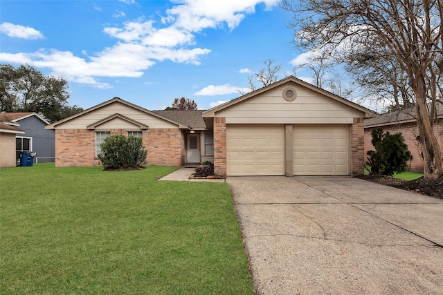 ranch-style home with a garage and a front yard