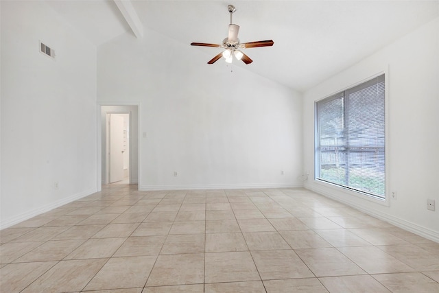 spare room with ceiling fan, high vaulted ceiling, beam ceiling, and light tile patterned flooring