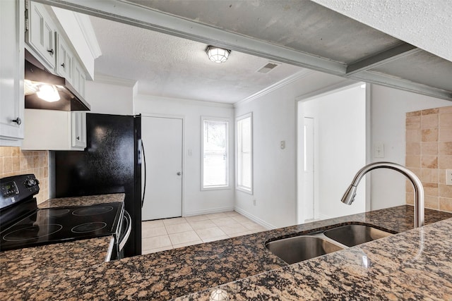 kitchen featuring light tile patterned floors, backsplash, black / electric stove, white cabinets, and sink