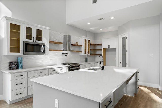 kitchen with white cabinets, range hood, stainless steel appliances, and a center island with sink