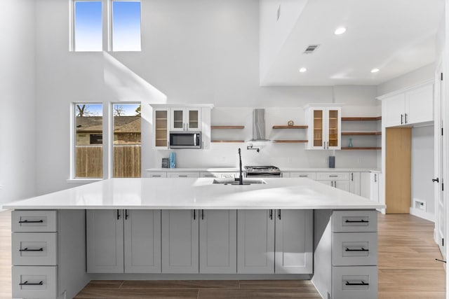 kitchen featuring sink, an island with sink, gray cabinetry, stainless steel appliances, and white cabinets