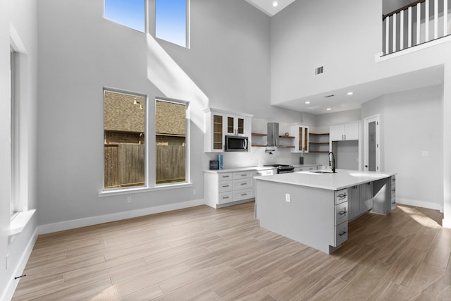 kitchen with sink, a high ceiling, white cabinetry, and a center island with sink