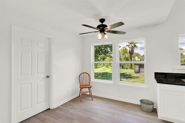 unfurnished room featuring ceiling fan, light hardwood / wood-style flooring, and a healthy amount of sunlight