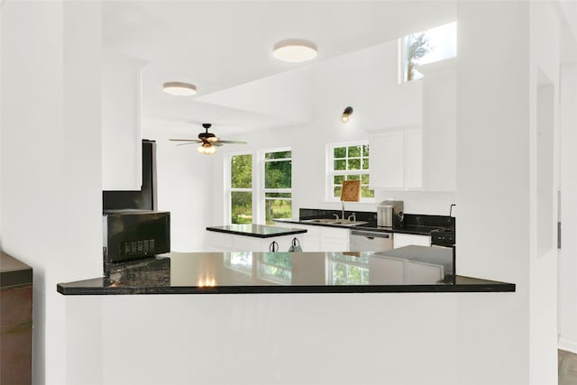 kitchen featuring stainless steel dishwasher, a healthy amount of sunlight, kitchen peninsula, and white cabinetry