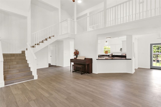 unfurnished living room with hardwood / wood-style flooring and a towering ceiling