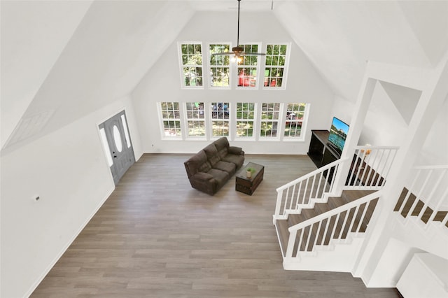 living room with a healthy amount of sunlight, a towering ceiling, and hardwood / wood-style flooring