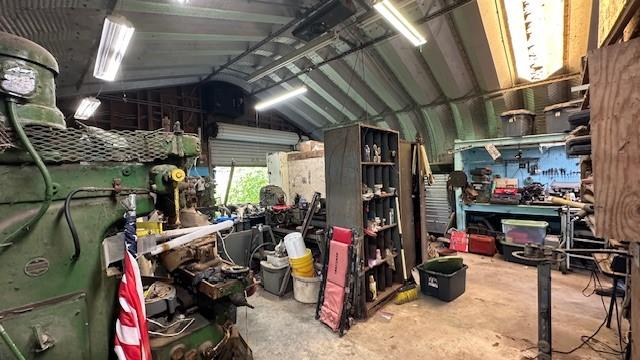 garage with a workshop area