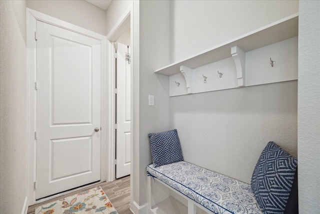 mudroom with light hardwood / wood-style floors